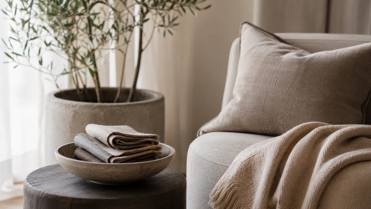 Minimalist seating corner with a single plant and a throw