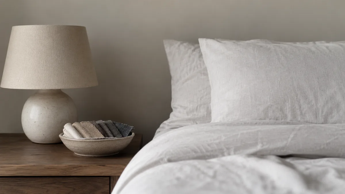Calm minimalist bedroom with linen bedding and a single bedside lamp