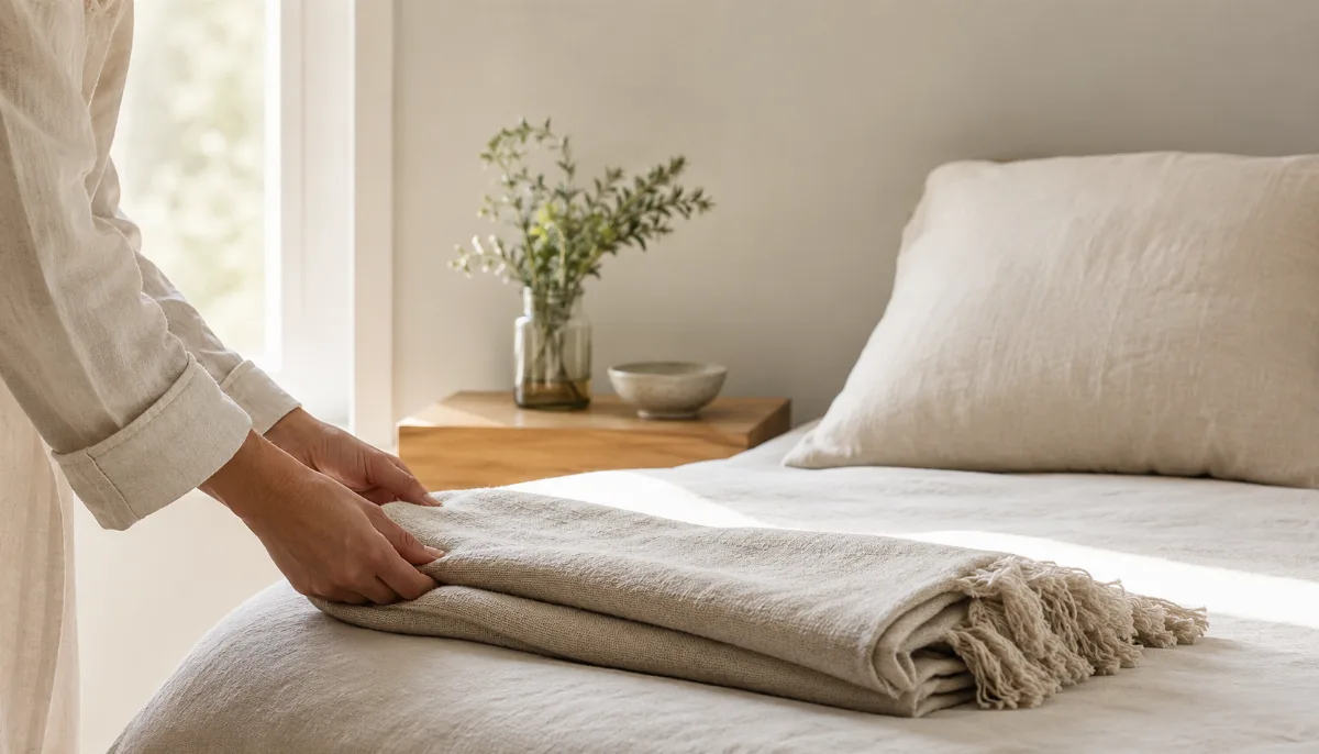 Serene bedroom corner with a soft throw folded at the foot of the bed