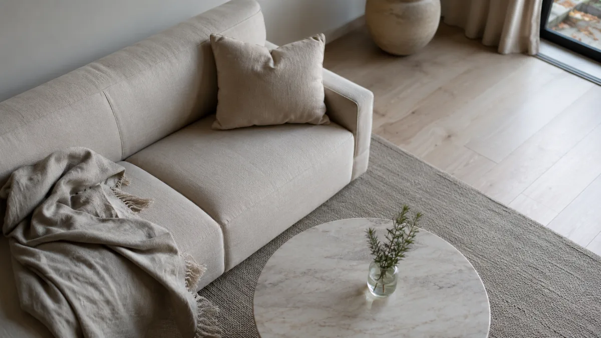 Serene living room with a neutral sofa and soft daylight
