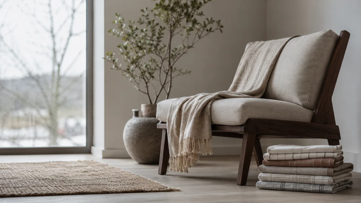 Minimalist seating corner with a single plant and a throw