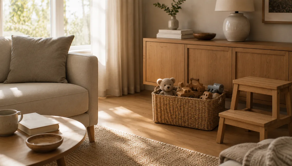 Family living room with a basket of toys neatly tucked away