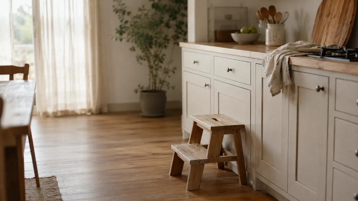 Calm family kitchen corner with a small step stool