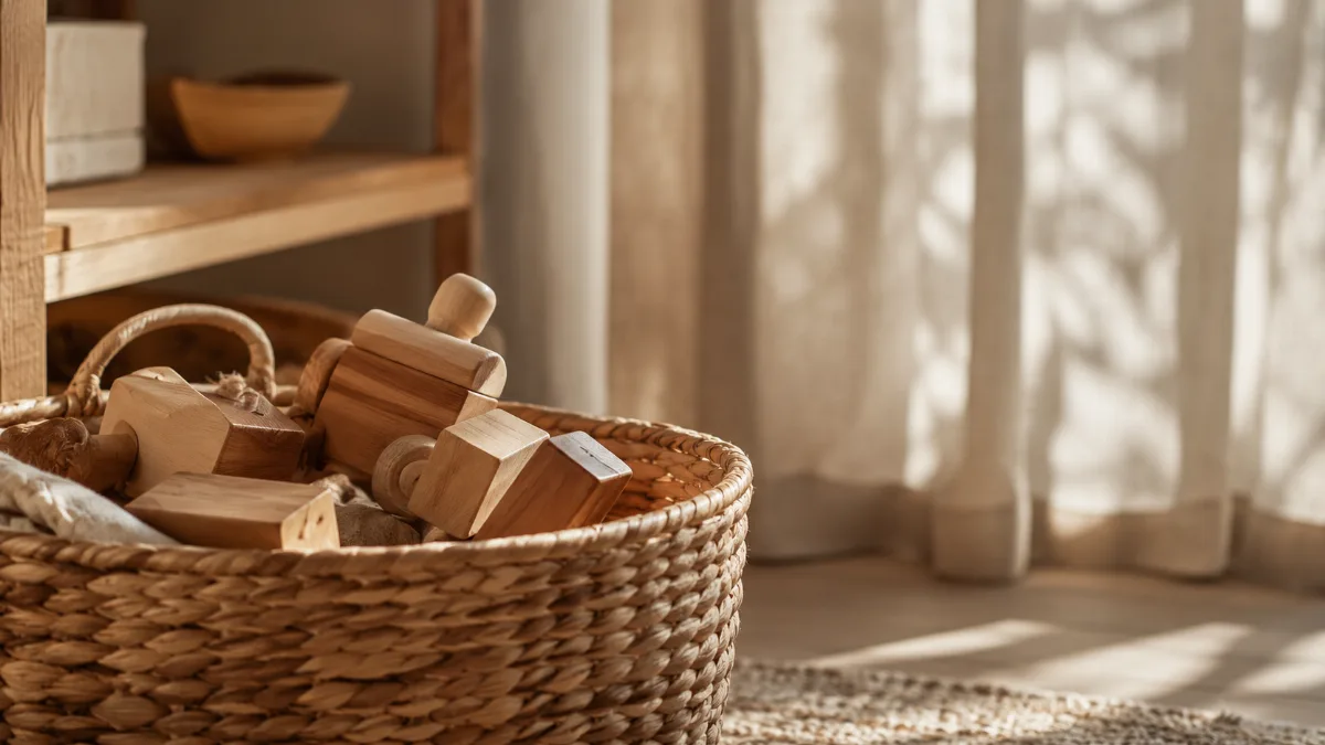 Tidy family room with a basket of wooden toys