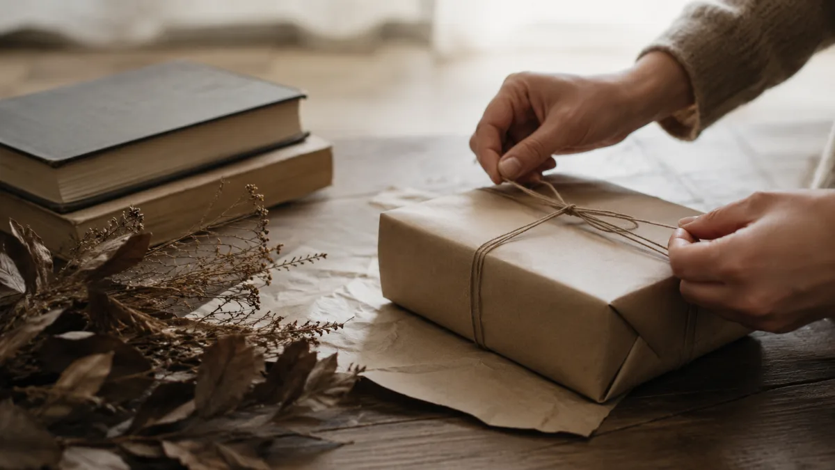 Single wrapped parcel tied with string beside dried foliage