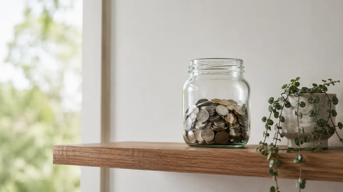 Glass jar of saved coins on a wooden shelf
