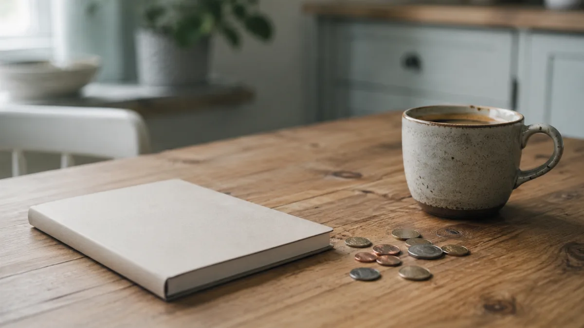 Kitchen table with a plain notebook, coins and a coffee cup