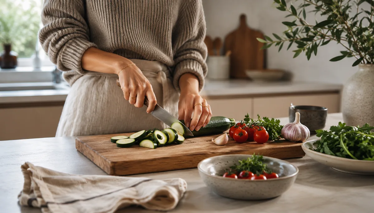 Calm kitchen counter with fresh simple ingredients on a wooden board