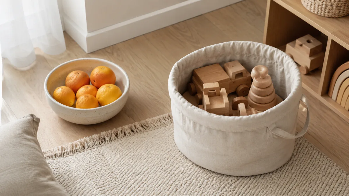Tidy children's play corner with a few wooden toys in a soft basket