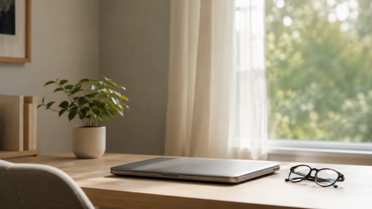 Tidy home-office corner with a laptop closed and a small plant