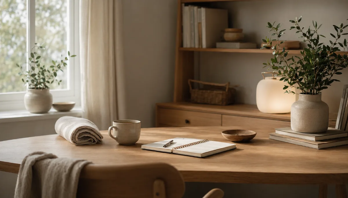 Tidy desk with a notebook and a cup of tea