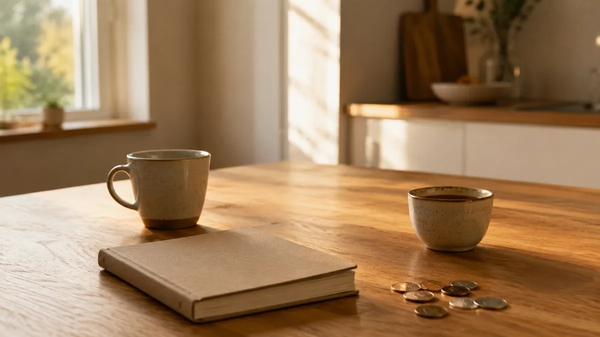 Kitchen table with a plain notebook, coins and a coffee cup