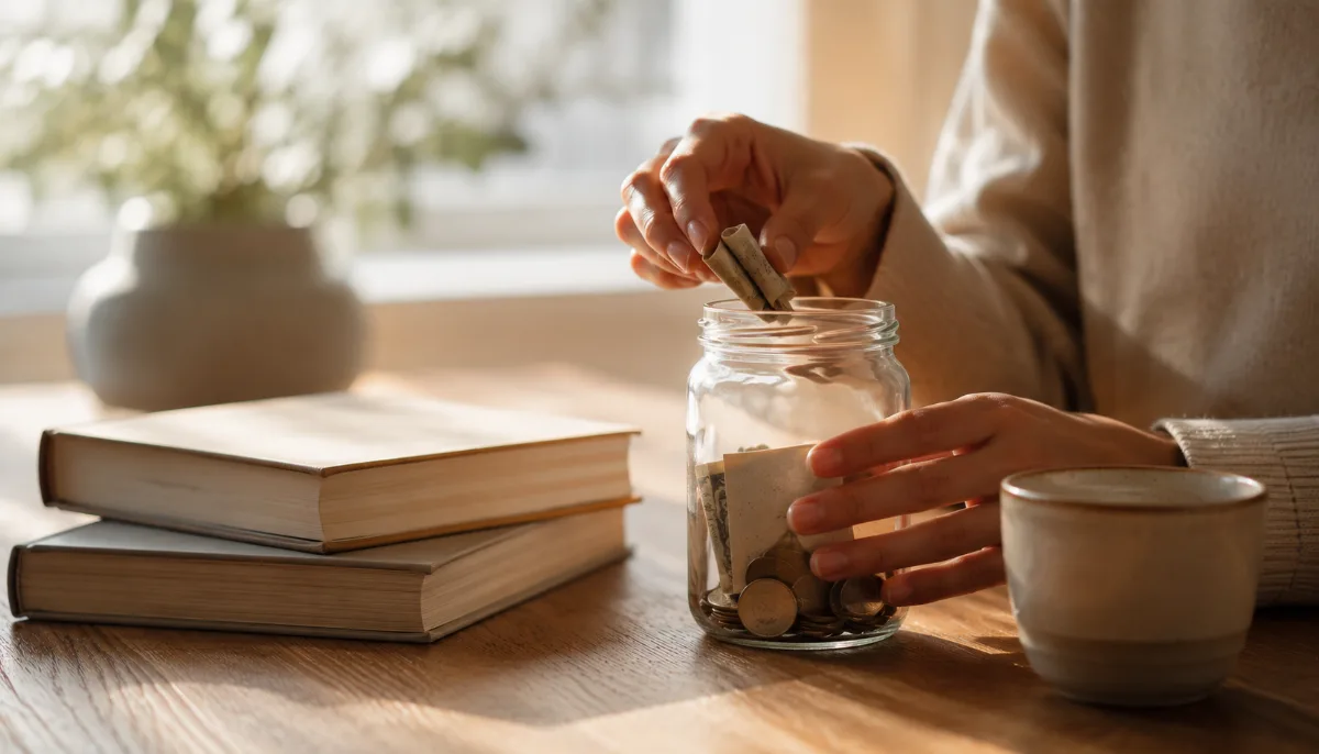 Glass jar holding folded notes and coins on a wooden surface