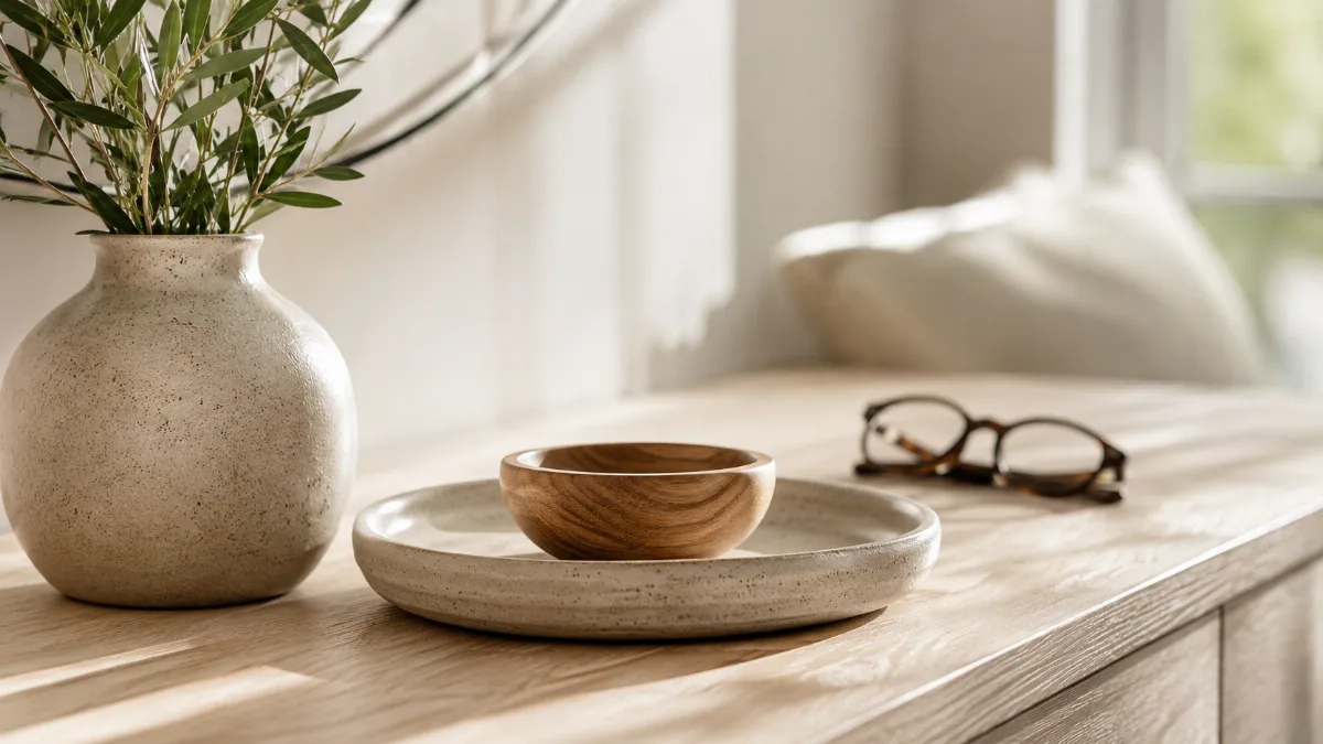 Serene styled vignette with neutral tones and soft daylight