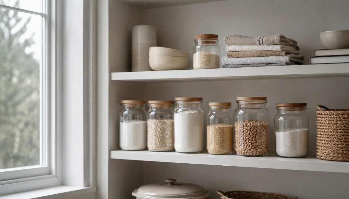Minimalist pantry shelf with glass jars of staples