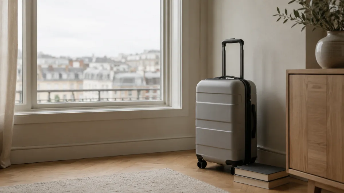 Single carry-on case beside a sunlit window before a trip