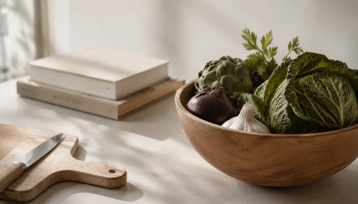 Wooden bowl of vegetables beside a chopping board