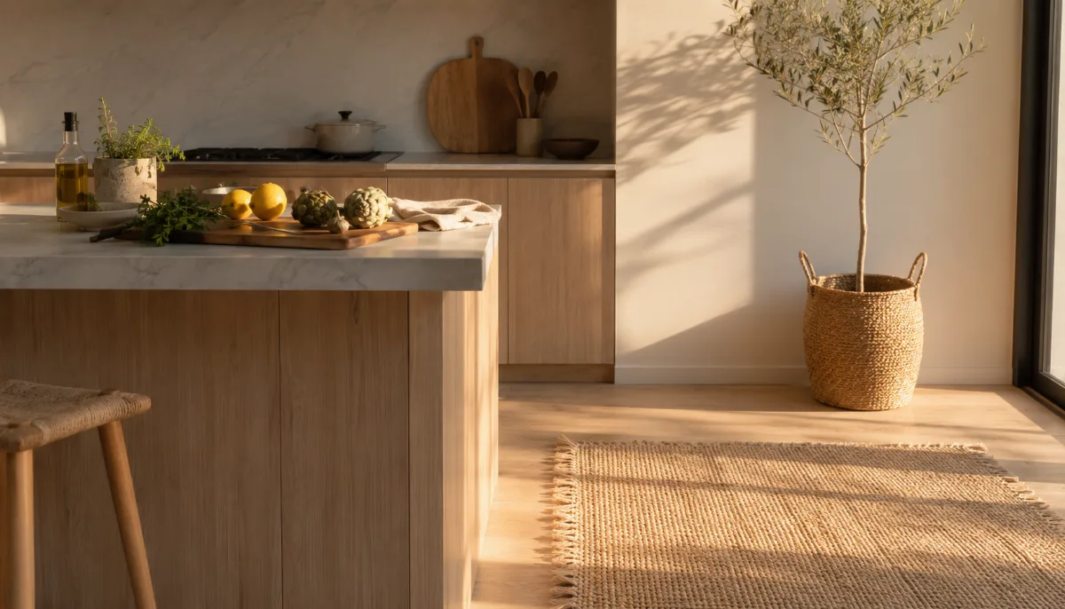 Calm kitchen counter with fresh simple ingredients on a wooden board
