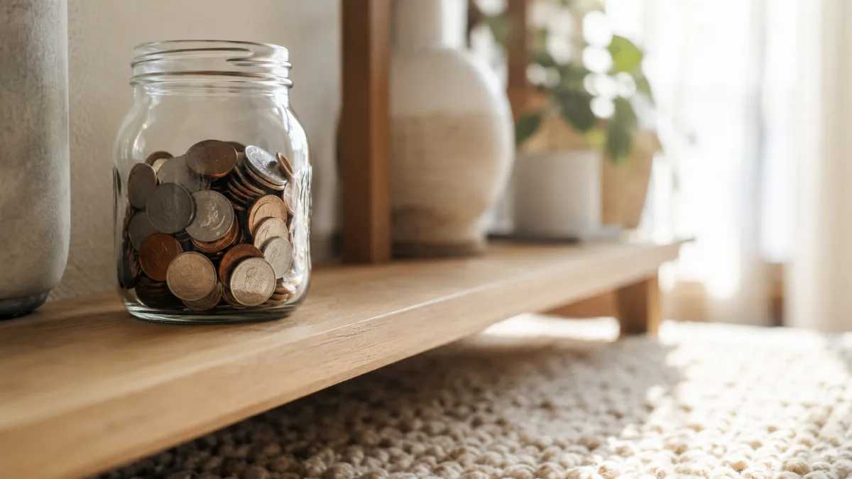 Glass jar of saved coins on a wooden shelf