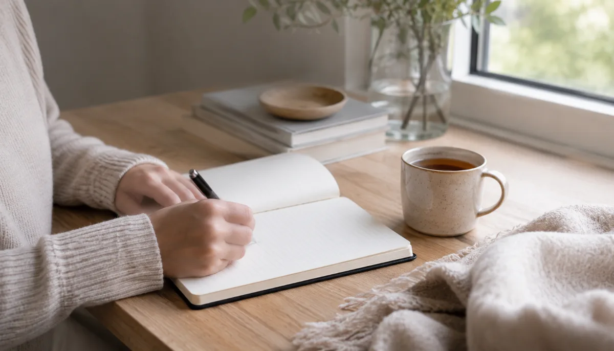 Tidy desk with a notebook and a cup of tea