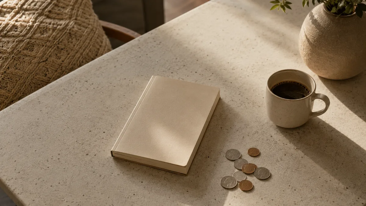 Kitchen table with a plain notebook, coins and a coffee cup