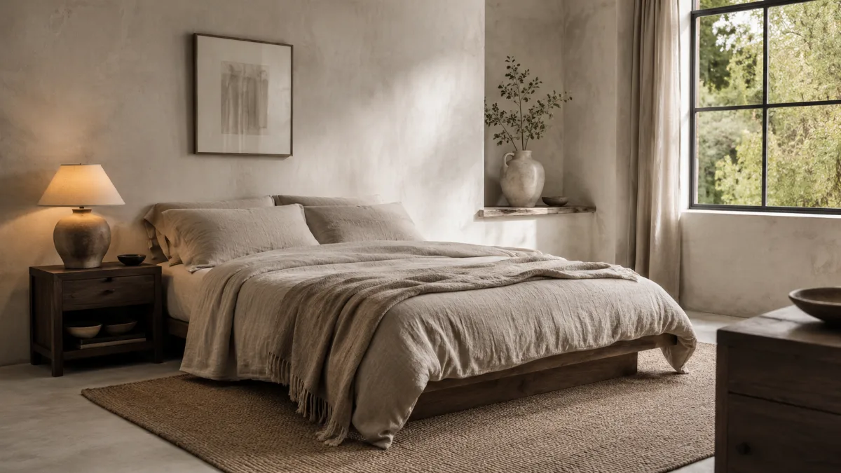 Calm minimalist bedroom with linen bedding and a single bedside lamp