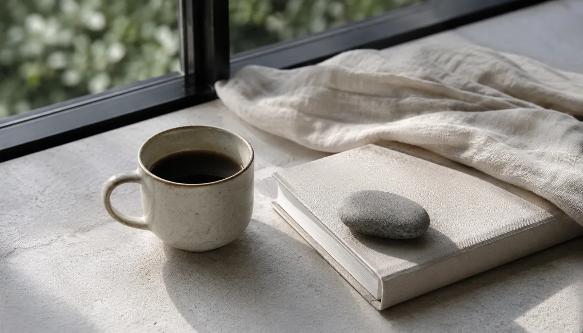 Bright morning scene with coffee and a notebook by a window