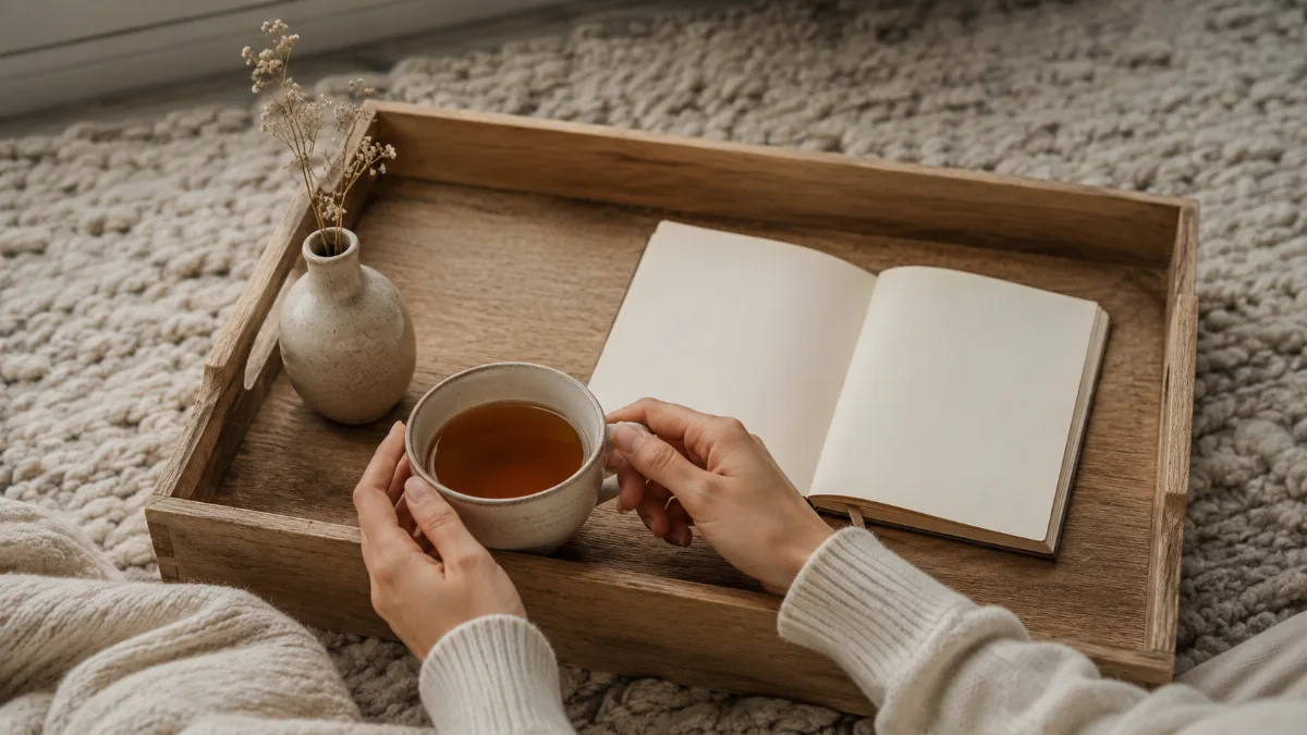 Simple morning tray with tea and a journal