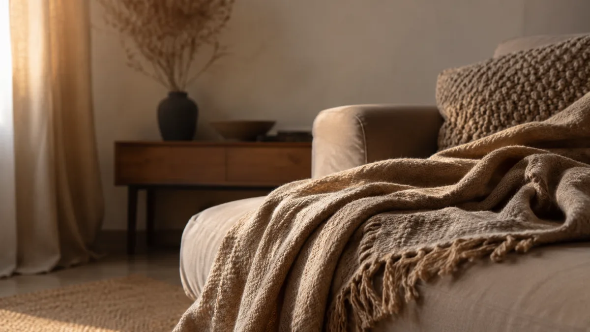 Calm evening corner with a blanket and low light