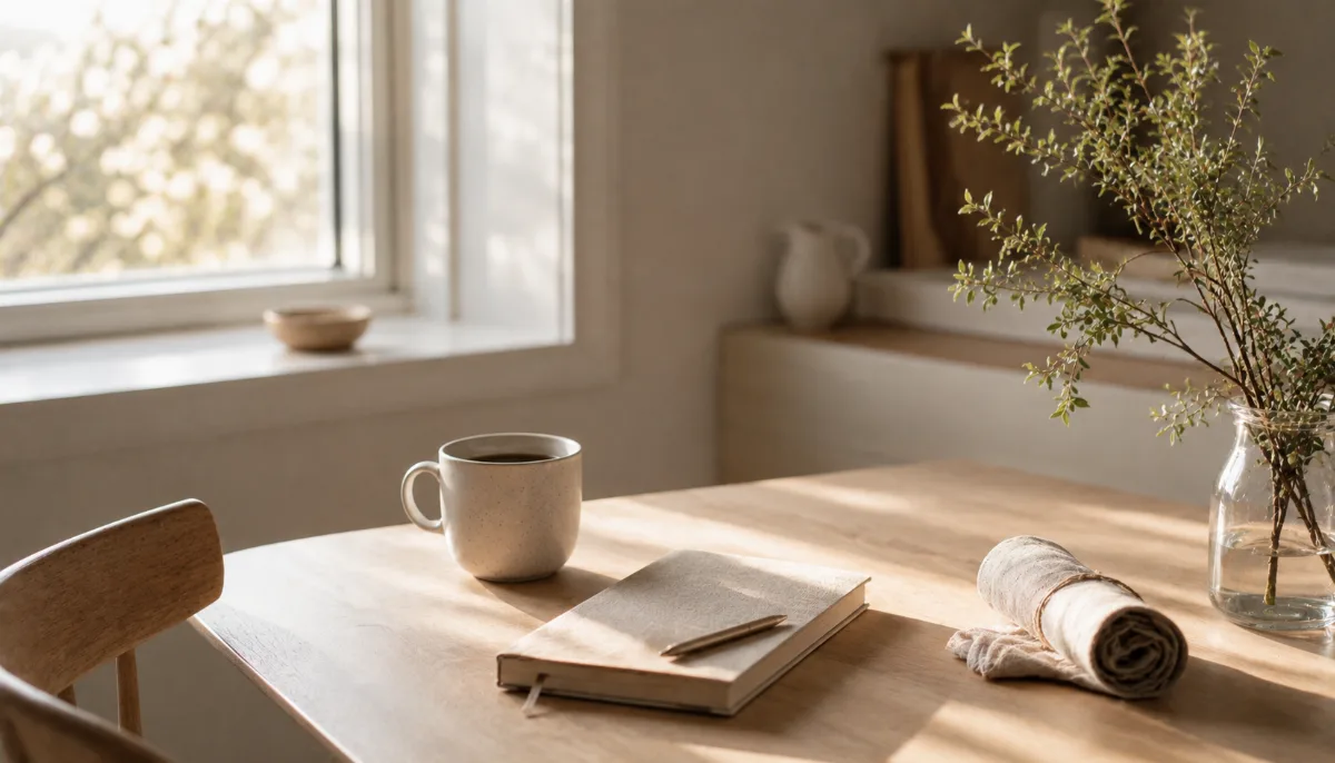 Bright morning scene with coffee and a notebook by a window