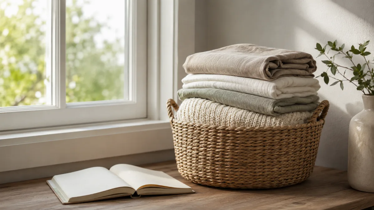 Folded laundry stacked in a woven basket by a window