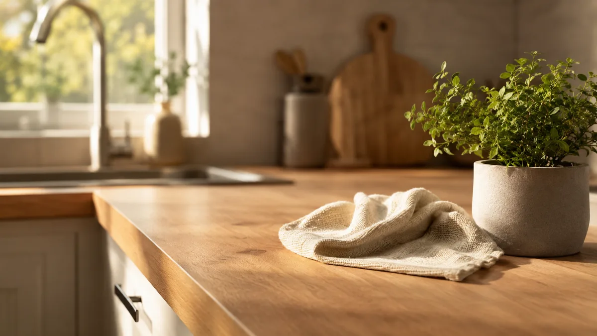 Freshly wiped kitchen counter with a cloth and a small plant