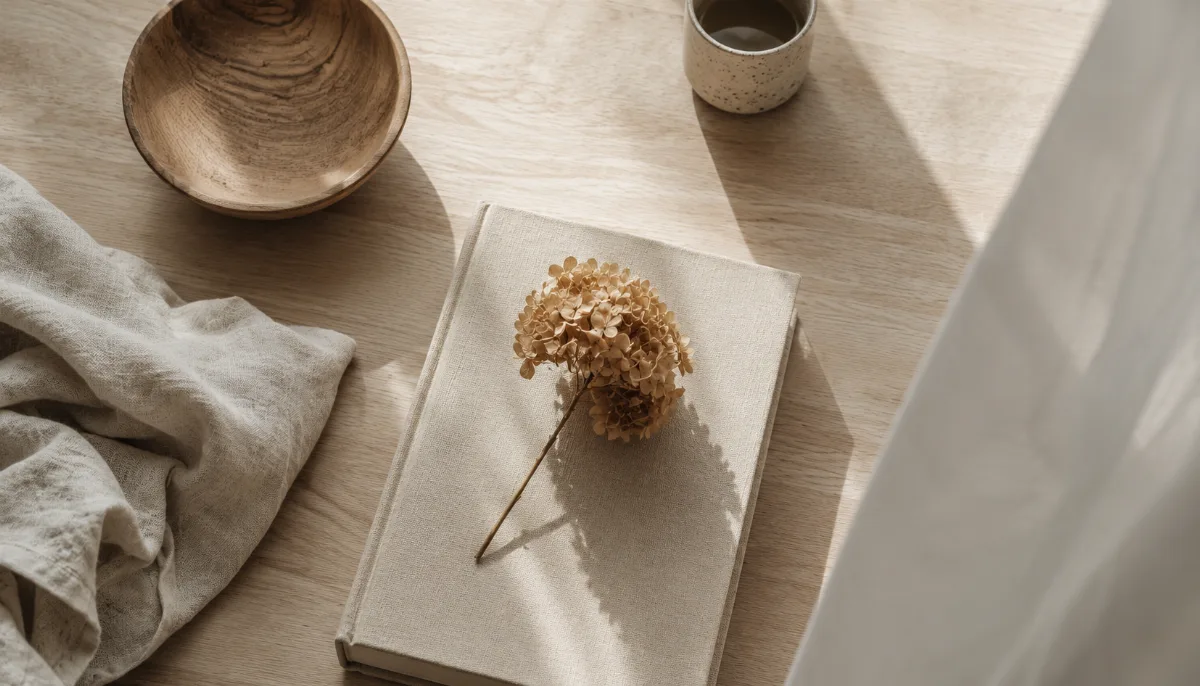 Calm minimalist interior with natural light and a few simple objects