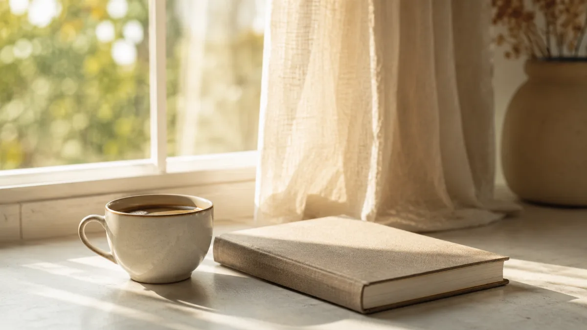 Bright morning scene with coffee and a notebook by a window