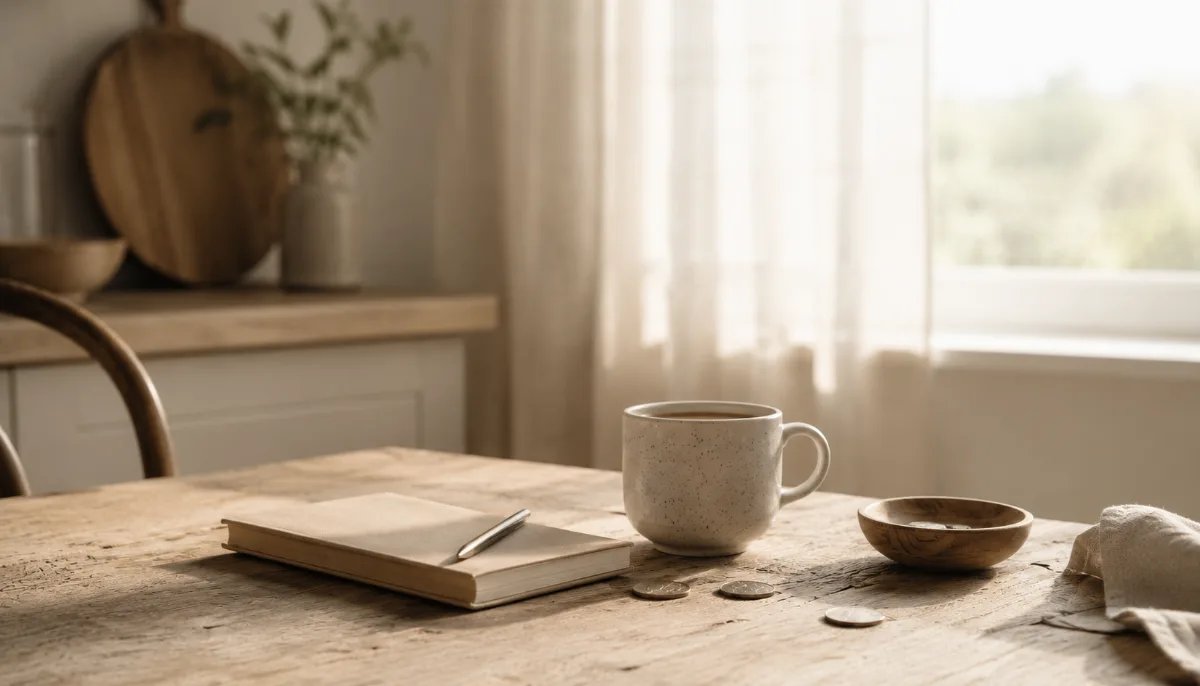 Kitchen table with a plain notebook, a few coins and a cup of coffee
