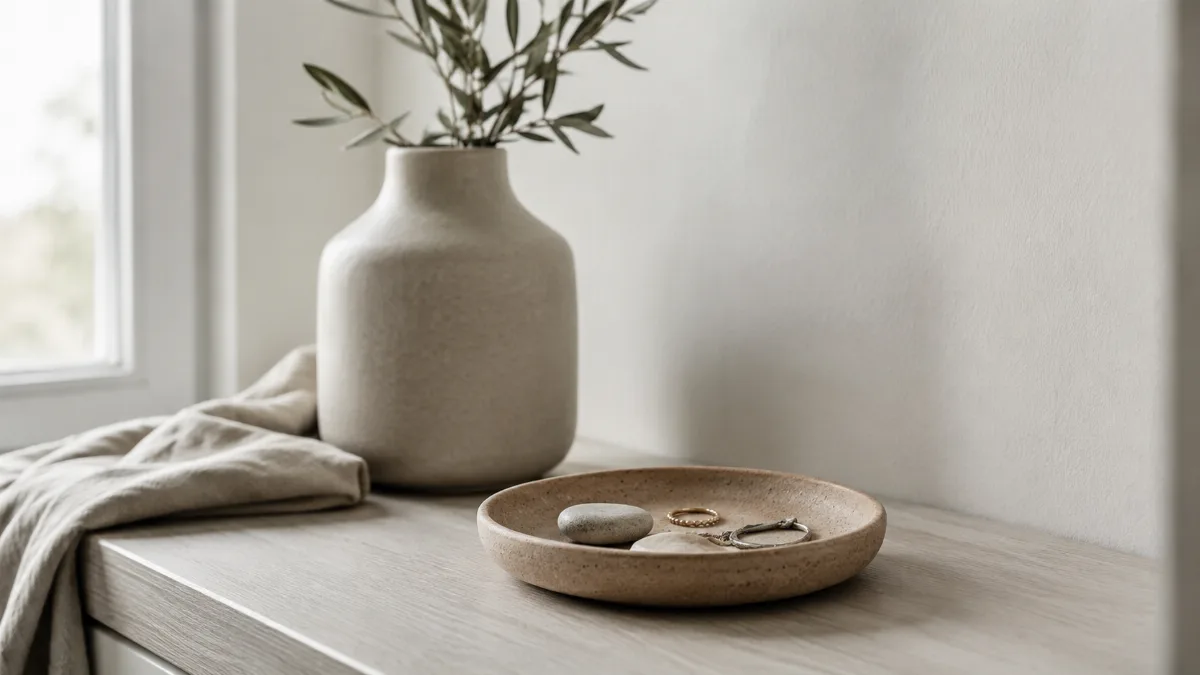 Serene styled vignette with neutral tones and soft daylight