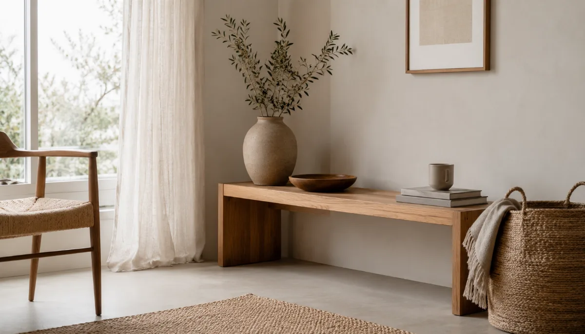 Calm minimalist interior with natural light and a few simple objects