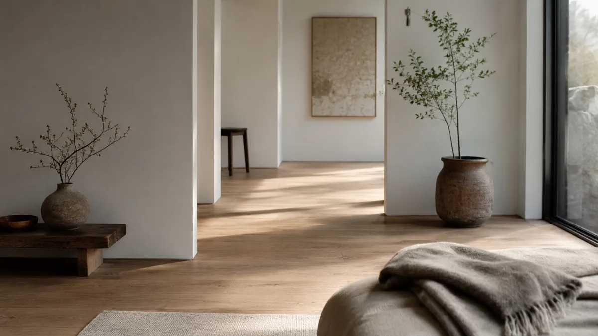 Calm minimalist interior with natural light and a few simple objects