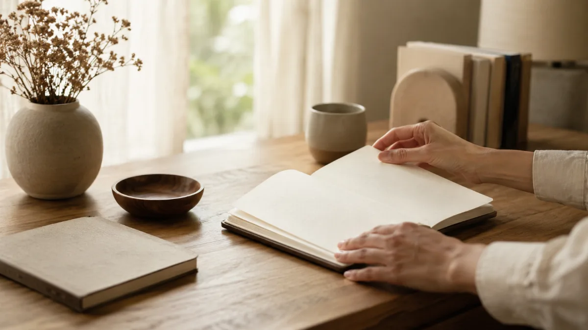 Uncluttered writing desk bathed in soft daylight
