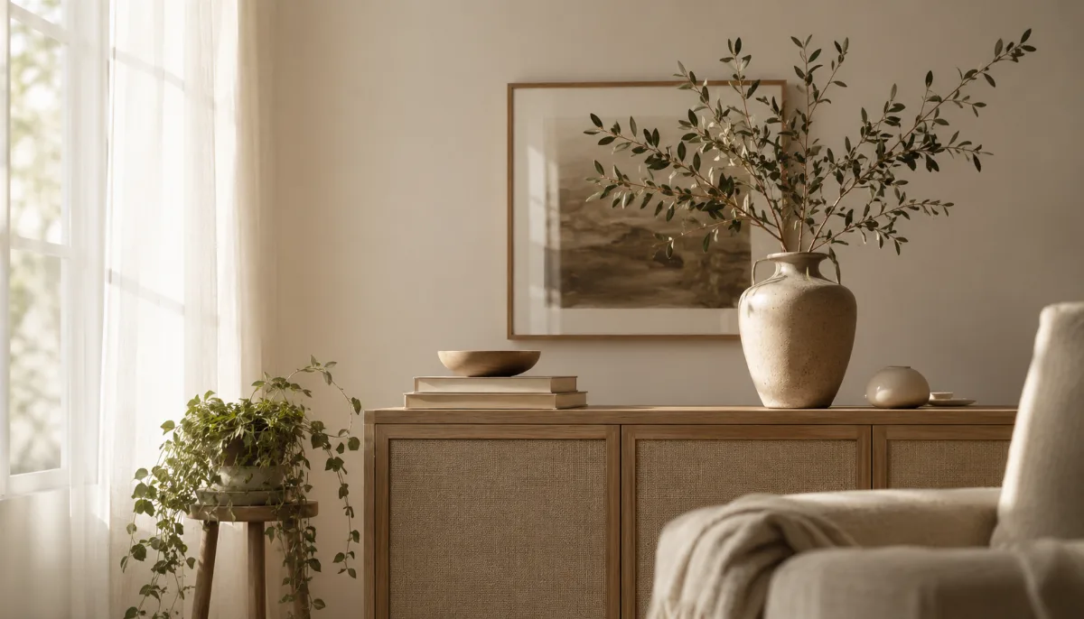 Calm minimalist interior with natural light and a few simple objects
