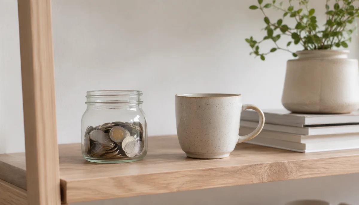 Glass jar of saved coins on a wooden shelf