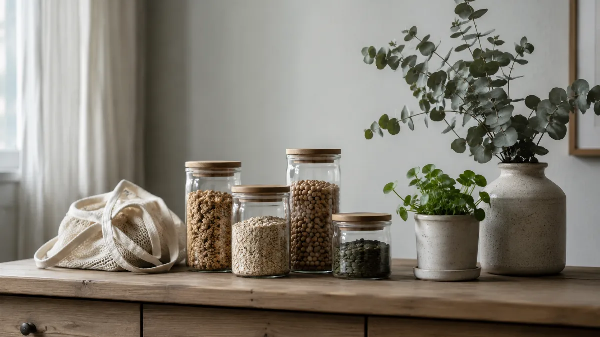 Reusable glass jars, a cloth bag and a small potted plant on a wooden surface