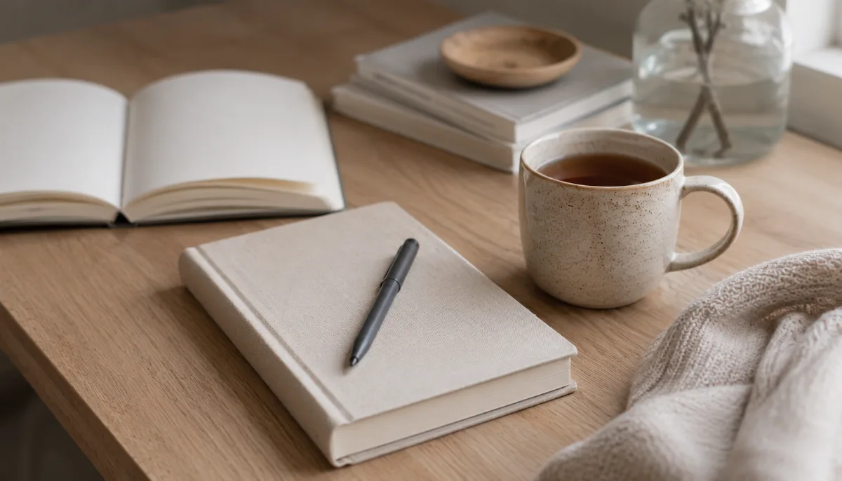 Tidy desk with a notebook and a cup of tea
