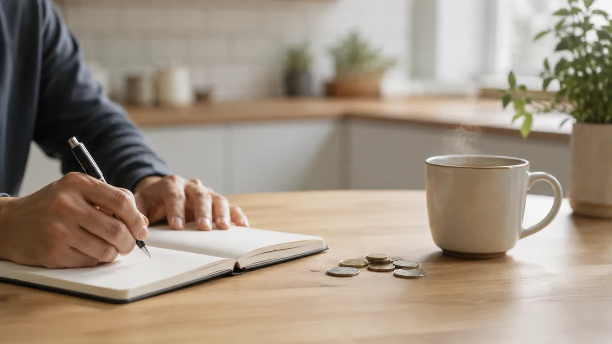 Kitchen table with a plain notebook, coins and a coffee cup