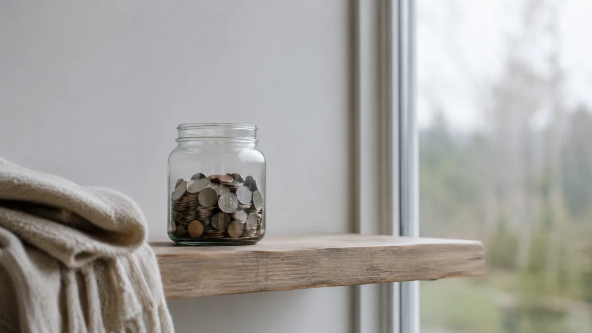 Glass jar of saved coins on a wooden shelf