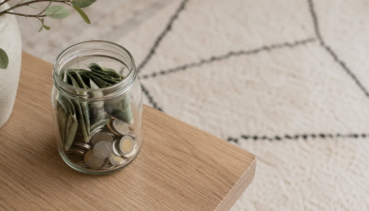 Glass jar holding folded notes and coins on a wooden surface