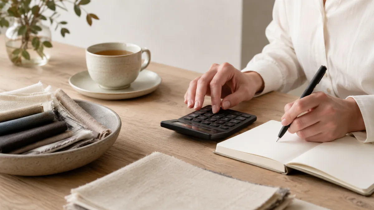 Tidy desk with a calculator, notebook and a cup of tea