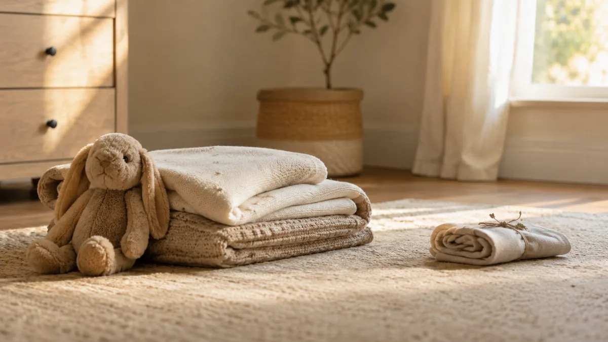 Simple child's room with folded blankets and a soft toy