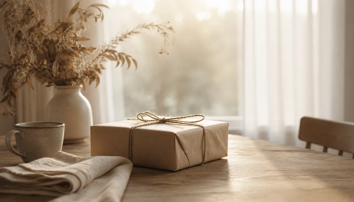 Single wrapped parcel tied with string beside dried foliage