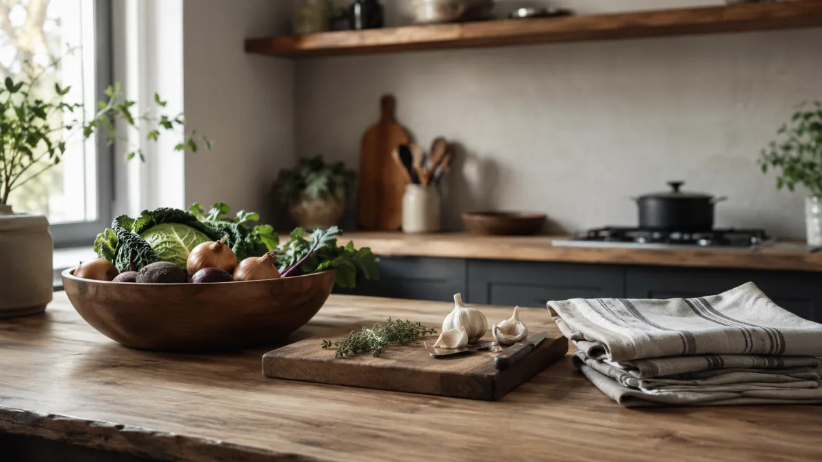 Wooden bowl of vegetables beside a chopping board